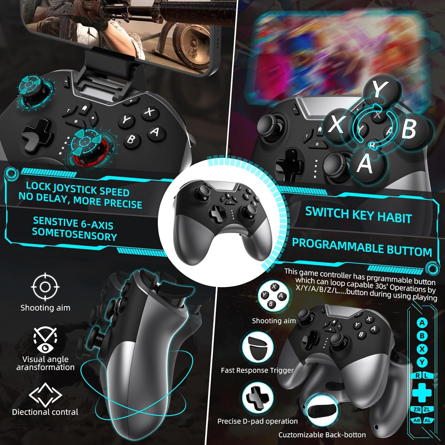 Bluetooth Controller for Switch/PC/iPhone/Android/Apple Arcade MFi Games/TV/Steam, Hall Effect Joysticks Wireless Game Controller Gamepad with/Phone Clip/Lock Speed/Macro/6-Axis Gyro/Dual Motors/Turbo